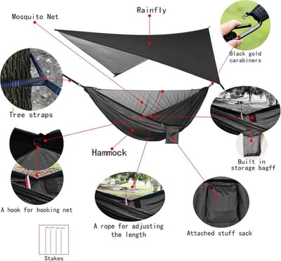 Camping Hangmat Set met Muggennet en Regenscherm - Draagbaar voor Buiten, Wandelen, Reizen