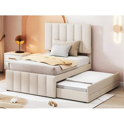 ModernLuxe Gestoffeerd linnen bed 90x200cm - met onderschuifbed op wielen en 3 lades - Beige