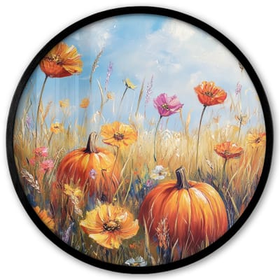 Poster in lijst Rond - Fotolijst 40x40 cm - Posters - Bloemen - Herfst - Pompoen - Natuur - Landschap - Ronde posterlijst zwart - Decoratie - Wanddecoratie woonkamer - Muurdecoratie slaapkamer