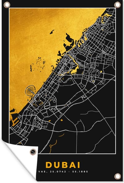 Muurdecoratie Goud - Stadskaart - Plattegrond - Dubai - Kaart - 120x180 cm - Tuinposter - Tuindoek