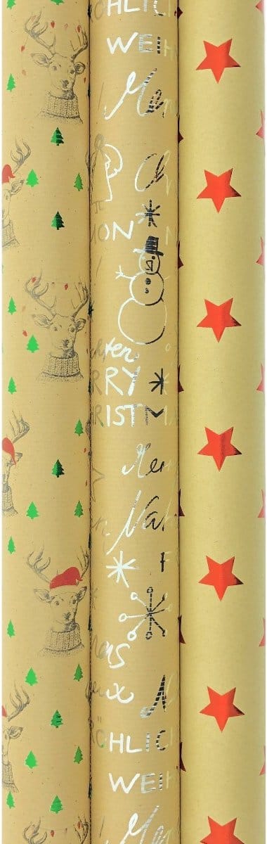 Christmas kraft cadeaupapier - Kerstpapier inpakpapier voor Kerst - 3 meter x 70 cm - 3 rollen