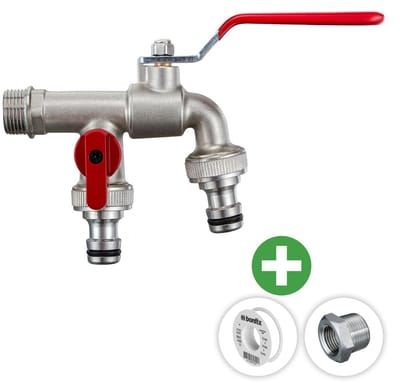 Deltaline - Buitenkraan - Dubbele kraan ½ inch - 2x ¾ inch gardena uitgang - Vorstbestendige Kogelkraan Rood - Vorstbestendig - Incl. PTFE tape & Extra RVS verloopring ½ x ¾ inch