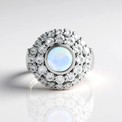 Cavill - Zilveren ring 925 Sterling zilver, geplatineerd - Welo-opaal 0,93 ct rond - Cambodjaanse zirkonia 4,57 ct - Elegant, uniek design maat 16-20
