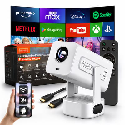 Zenwire PrimeView IMC360 Mini Beamer - Full HD 1080p - Android 13 - 400 ANSI - WiFi 6 - Bluetooth 5.2 - 4K Ondersteuning - Autofocus - 270° Draaibaar