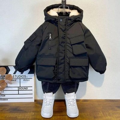 Winter dons katoenen jas jongens zwarte capuchon jas kinderen bovenkleding kleding tiener 3-8Y kinderen parka gewatteerd sneeuwpak 100cm