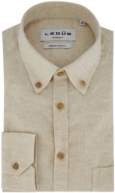 Beige linnen button-down collar overhem Ledub Modern Fit