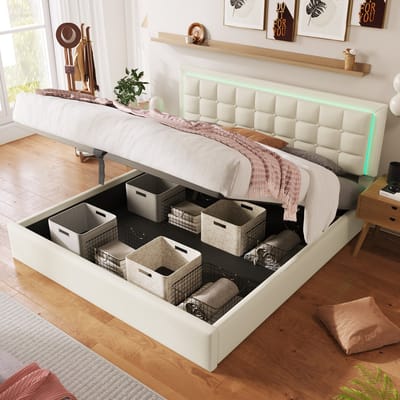 VVBV Gestoffeerd Opbergbed 180x200 cm - LED-Verlichting, Hydraulische Opbergruimte, Opbergruimte - PU-Leer Wit Zonder Matras