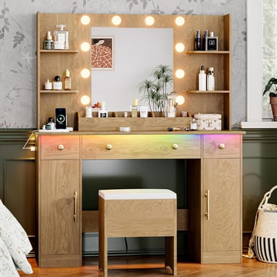 Kaptafel met spiegel - Make-up tafel - Slaapkamer inrichting - Met ingebouwde verlichting - 110 cm breed - Eiken