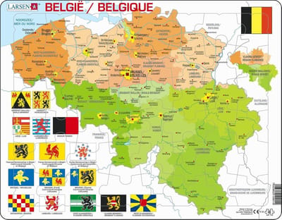 Larsen België – Puzzel – Kaarten & Geografie – België – Educatieve legpuzzel voor kinderen – 48 stukjes – Gemaakt in Noorwegen – Extra dikke 2,5 mm stukjes – Tray met vaste rand