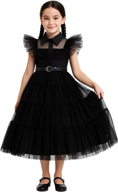 Joya Kids® Gotische Jurk Kind | Halloween Verkleedjurk Meisje | Zwarte Tule Jurk met Riem | Gothic Verkleedkleding Kind | Horror Films Kostuum | Family Kostuum | Maat 110