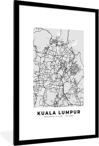 Fotolijst incl. Poster Zwart Wit- Kuala Lumpur - Stadskaart - Plattegrond - Zwart Wit - Kaart - 80x120 cm - Posterlijst