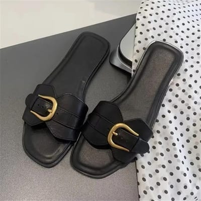 Slippers voor Dames Zomer Strand Flats Dames Gesp Slides Gladiator Sandalen Luxe Leer Muiltjes Zapatos Mujer 40 zwart