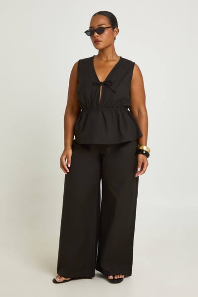 boohoo Dames Plus Linnen Top Met Strikdetail En Broek Coordinaten Set | Black | Maat: 20