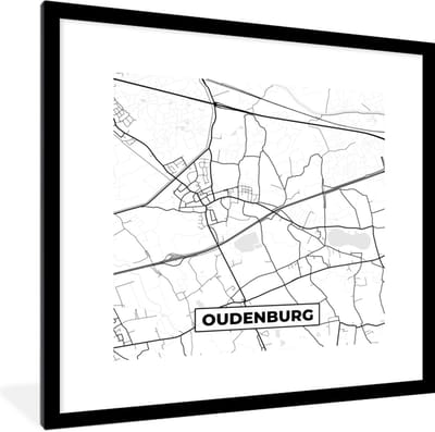 Fotolijst incl. Poster Zwart Wit- Stadskaart – Plattegrond – België – Zwart Wit – Oudenburg – Kaart - 40x40 cm - Posterlijst