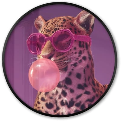Poster in lijst Rond - Fotolijst 60x60 cm - Posters - Panter - Zonnebril - Kauwgombel - Roze - Ronde posterlijst zwart - Decoratie - Wanddecoratie woonkamer - Muurdecoratie slaapkamer