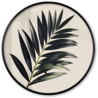 Poster in lijst Rond - Fotolijst 60x60 cm - Posters - Palmblad - Subtiel - Groen - beige - Ronde posterlijst zwart - Decoratie - Wanddecoratie woonkamer - Muurdecoratie slaapkamer