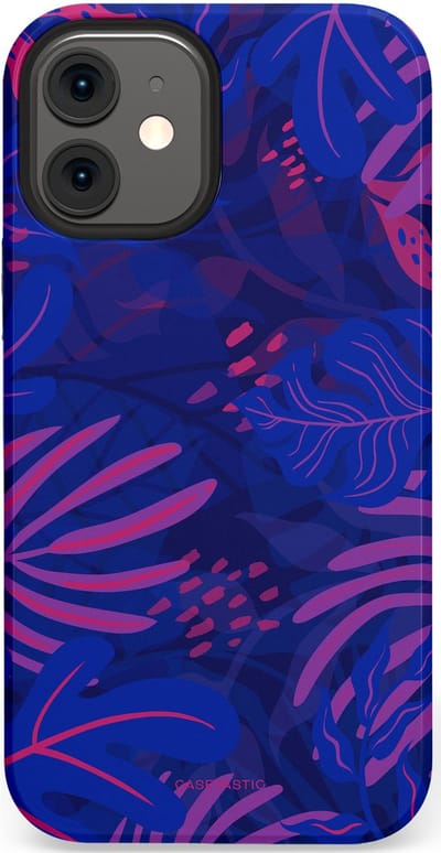Casetastic hoesje geschikt voor Apple iPhone 12 Mini - Dubbellaagse bescherming - Neon jungle blad - Fashion Case - Donkerblauw Lavendel Roze