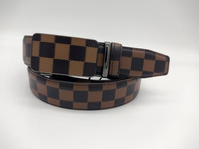 RR22-91.zw.120 : Damier bruin gecoate canvas om leder riem met automatische zwartkl buckle, 120cm