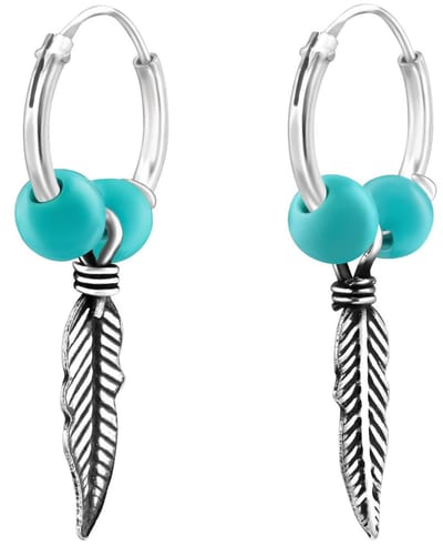 Joy|S - Zilveren veer bedel oorbellen - oorringen - turquoise kraaltjes - geoxideerd