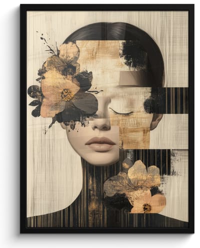 Poster in lijst - Fotolijst 50x70 cm - Posters - Gezicht - Bloemen - Zwart - Vrouw - Posterlijst zwart - Decoratie - Wanddecoratie woonkamer - Muurdecoratie slaapkamer