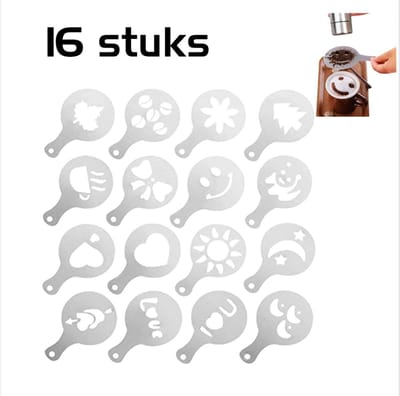 DW4Trading 16 Stuks Herbruikbare Cappuccina Sjablonen Voor Koffie Melk Schuim - Barista