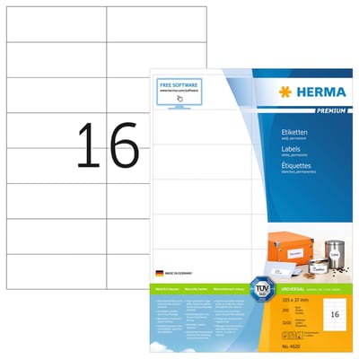 Universele etiketten HERMA 4620, permanent klevend, zelfklevend, bedrukbaar, B 105 x H 37 mm, FSC® papier, wit, 3200 stuks/200 vellen