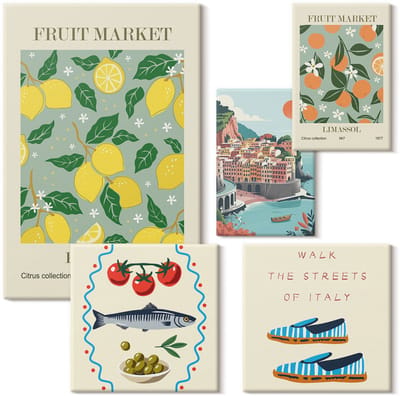 Wallfluent Set van canvas schilderijen - Een verzameling fruit en lokale markten uit Italië en het Middellandse Zeegebied Canvas Schilderijen Set - Set van 5 Canvas Schilderijen - Groente Set van Canvas Prints - Voedsel Canvas Kunst Set