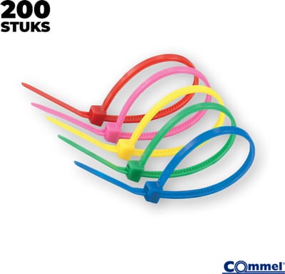 200x Commel Gekleurde Kabelbinders - 300 x 4.8 mm - Rood - Roze - Blauw - Groene - Geel - Nylon - Treksterkte 22kg