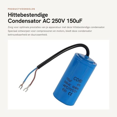 Dailygoods- Condensator 250V AC 150uF - Aanloopcondensator - Hittebestendig - Schokbestendig - Lage lekkage - Duurzaam polypropyleen - Motorcondensator