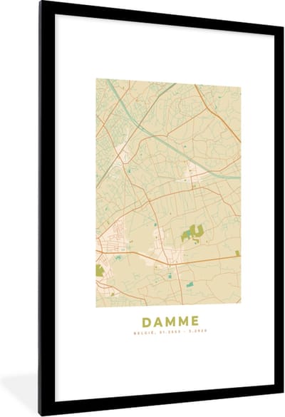 Fotolijst incl. Poster - Damme - Kaart - Vintage - Stadskaart - Plattegrond - 80x120 cm - Posterlijst