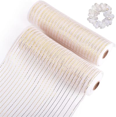 Deco Mesh Ribbons 260mm in Beige met Metallic Foil voor DIY Kerstdecoratie, Cadeauverpakking en Kransmaken