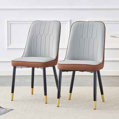MODENUIT Eetkamerstoel - Set van 2 - Met Rugleuning en Metalen Poten - Voor Eetkamer - Kunstleer - Lichtgrijs Bruin