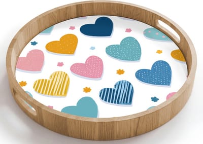 Dienblad rond 40x40 cm - Schootdienblad hout - Hartjes - Pastel - Patroon - Borrelplank rechthoek - Plateau houten dienbladen