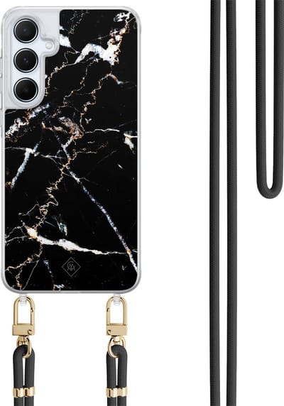 Casimoda® hoesje met koord - Geschikt voor Samsung A55 - Marmer Zwart - Afneembaar koord - TPU/polycarbonaat - Zwart