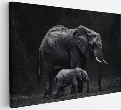 Saammp Canvas Schilderij - Olifanten Familie in thailand - Zwart-Wit - Dieren - 50x40 - Foto op canvas - Wanddecoratie - muurdecoratie Woonkamer - Slaapkamer decoratie - Canvas Print
