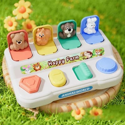 Animaux Pop-up Interactifs Tri de Couleurs Jouet d'Activité Animale pour Enfant Entraînement de la Motricité Fine Bouton Pousser Tirer Cadeau Montesorri