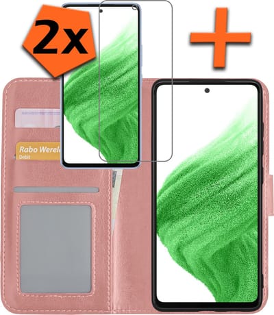 Hoes - Met 2x Screenprotector - Geschikt voor Samsung Galaxy A53 - Luxe Pasjeshouder - Bookcase Portemonee - Flip Case - Kunstleer Book Case - Flipcase Hoes - Book Cover - Walletcase - PortemonneeHoes - Rosé goud