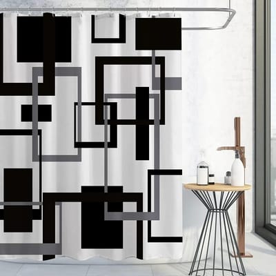 Zwart-Wit Douchegordijnen Zwart Grijs Geometrisch Abstract Mid-Century Modern Minimalistisch Stoffen Gordijn Voor Badkamerdecoratie W165H180(CM)-1 Pcs