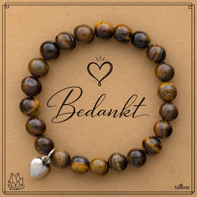 Bixorp Tijgeroog Armband op Cadeau Kaartje - Bedankt - 8mm / 17cm Edelsteen Kralenarmband - Met hartje Hanger - Inclusief Cadeau Envelop
