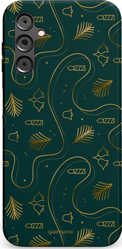 Casetastic hoesje geschikt voor Samsung Galaxy A14 (2023) 5G / Samsung Galaxy A14 (2023) 4G - Dubbellaagse bescherming - Groene kerst bellen en takken - Fashion Case - Donkergroen Donkergrijs Petrol