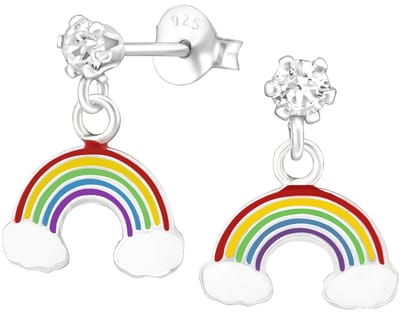 Joy|S - Zilveren regenboog bedel oorbellen - glitter wolkjes - oorknoppen met bedel - kristal - kinderoorbellen