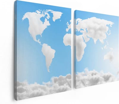 Artaza Canvas Schilderij Tweeluik Wereldkaart Gemaakt Van Wolken - 120x80 - Foto Op Canvas - Canvas Print