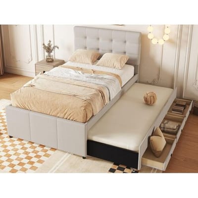 ModernLuxe Gestoffeerd bed 90x200cm met onderschuifbed 90x190cm - in linnenstof - met 3 lades en lattenbodem - Beige
