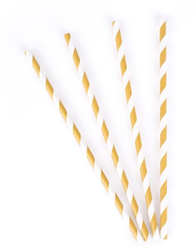 PARTYDECO - 10 gestreepte kartonnen rietjes wit en matgoud 19,5 cm