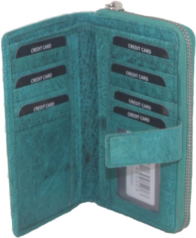 Oi Turquoise gemêleerde rits portemonnee / halflange aqua blauwe lederen damesportemonnee voor veel pasjes / leren beurs afsluitbaar / ritsportemonnee met diep biljetvak en rits voor muntgeld / Anti skim / mintgroen leer / 477Turkisch