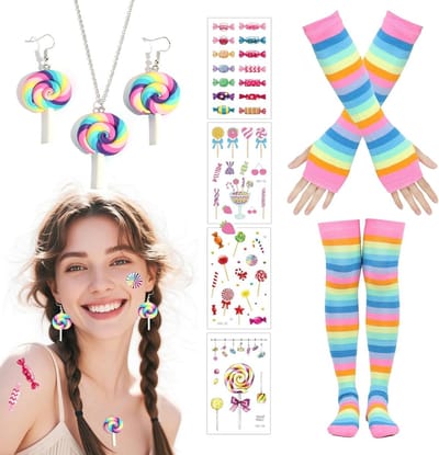 Vrouwelijk Lollipop Kostuum met Hoofdband, Oorbellen, Ketting, Mouwen, Sokken en Stickers voor Halloween en Carnaval