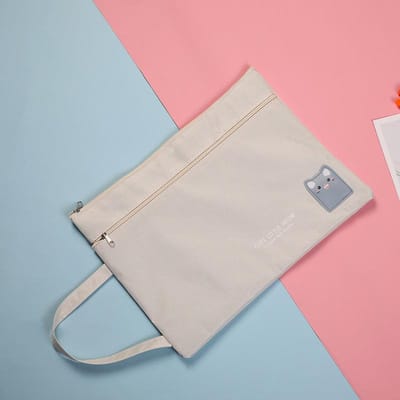 Dossier mignon de dessin animé Sac à main pour étudiants Tissu Oxford A4 Dossier à poche double couche Sac à fermeture éclair grande capacité gris