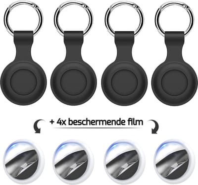 Sleutelhangers geschikt voor Apple Airtag - Airtag-sleutelhangers - Siliconen sleutelhangerset geschikt voor Apple Airtag - 4 stuks + 4 x beschermende film - Grijs