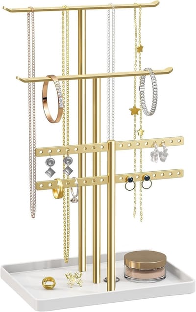 Dailygoods- Sieradenstandaard 32 cm Hoog - Sieradenhouder - Organizer voor 80 Stuks - Stabiele Houder - 3 Niveaus met 4 Stangen