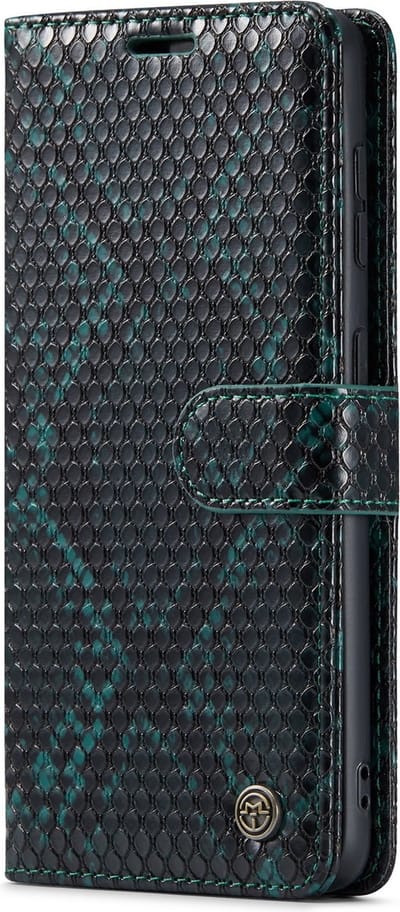 Casemania Hoesje Geschikt voor Samsung Galaxy S21 - Groen - Luxe Wallet Bookcase met Pasjeshouder en Standaard - Kunstleer Portemonnee Telefoonhoesje met Slangenstructuur